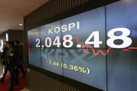 Participants leave after attending the 2019 trading year opening ceremony near the screen showing the Korea Composite Stock Price Index (KOSPI) at the Korea Exchange in Seoul, South Korea, Wednesday, Jan. 2, 2019. Asian stock markets have fallen as trading began for 2019 after Chinese factory activity weakened. Benchmarks in Shanghai, Seoul and Hong Kong all declined, while Tokyo was closed. (AP Photo/Lee Jin-man)