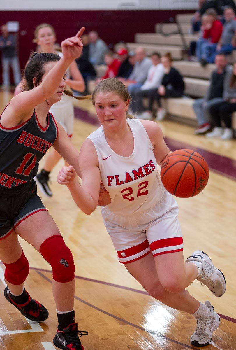 Mansfield Christian's Alexis Rippel drives around Buckeye Central's Kennedy Deppen.