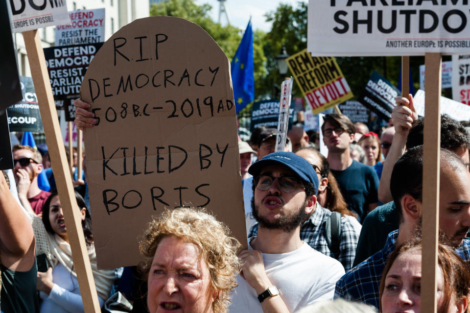 Thousands of demonstrators gather outside Downing Street on 31 August, 2019 in London, England to take part in Stop the Coup protests against the prorogation of the UK Parliament. Hundreds of thousands of people across major cities in the UK are expected to join protests against Boris Johnson's plans to suspend parliament for five weeks ahead of a Queens Speech on 14 October, which has limited the time available for MPs to legislate against a no-deal Brexit with the UK is set to leave the EU on the 31 October. (Photo by WIktor Szymanowicz/NurPhoto via Getty Images)