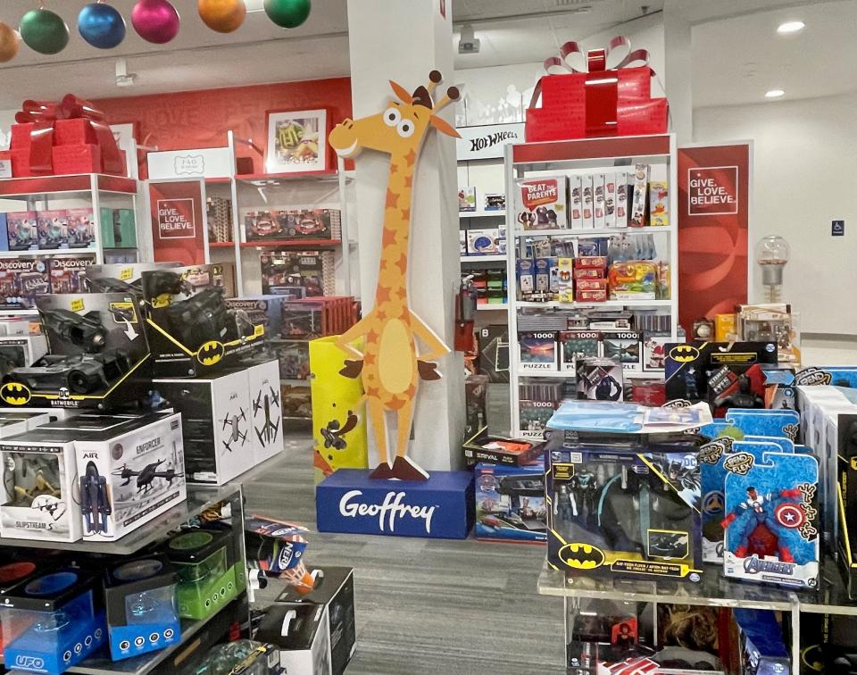 Toys R Us mascot, Geoffrey the Giraffe, is making a holiday appearance at Macy's before 400 small toy shops open in the department store chain 2022.