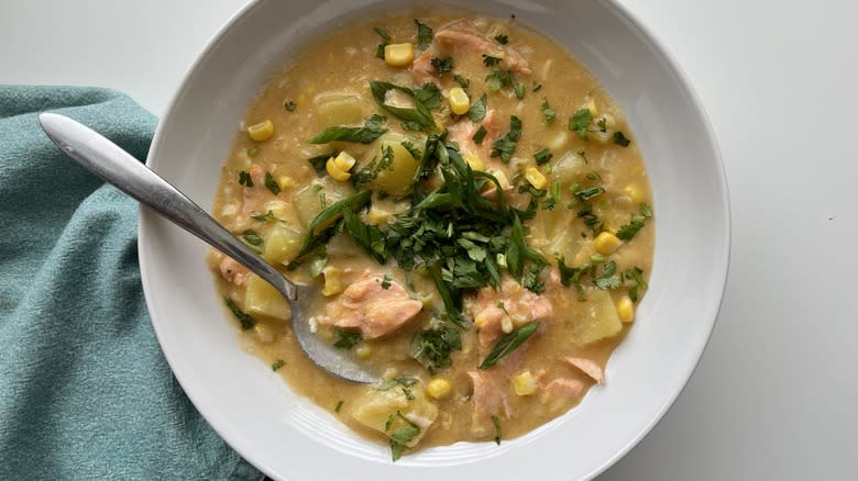 salmon corn chowder in bowl