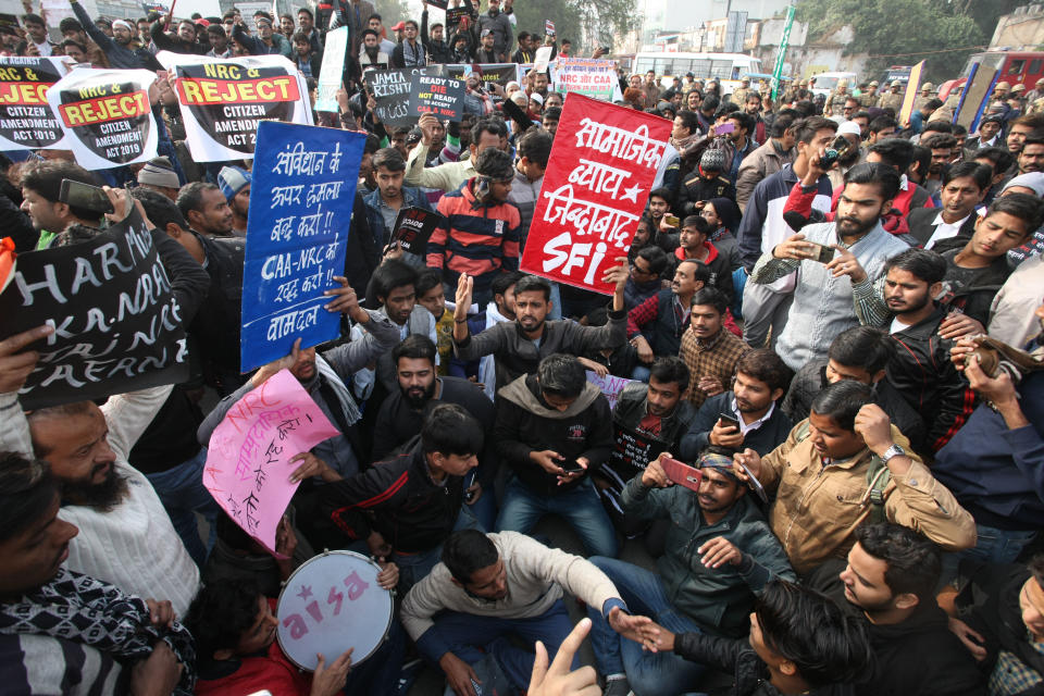 Protesters shout slogens with placards during a demonstration against India's new citizenship law CAA ( Citizenship amandment Act ) in Allahabad on December 19,2019 . Indians defied bans nationwide as anger swells against a citizenship law seen as discriminatory against muslims, following days of protest, clashes, and riots that have left six dead .(Photo by Ritesh Shukla/NurPhoto via Getty Images)