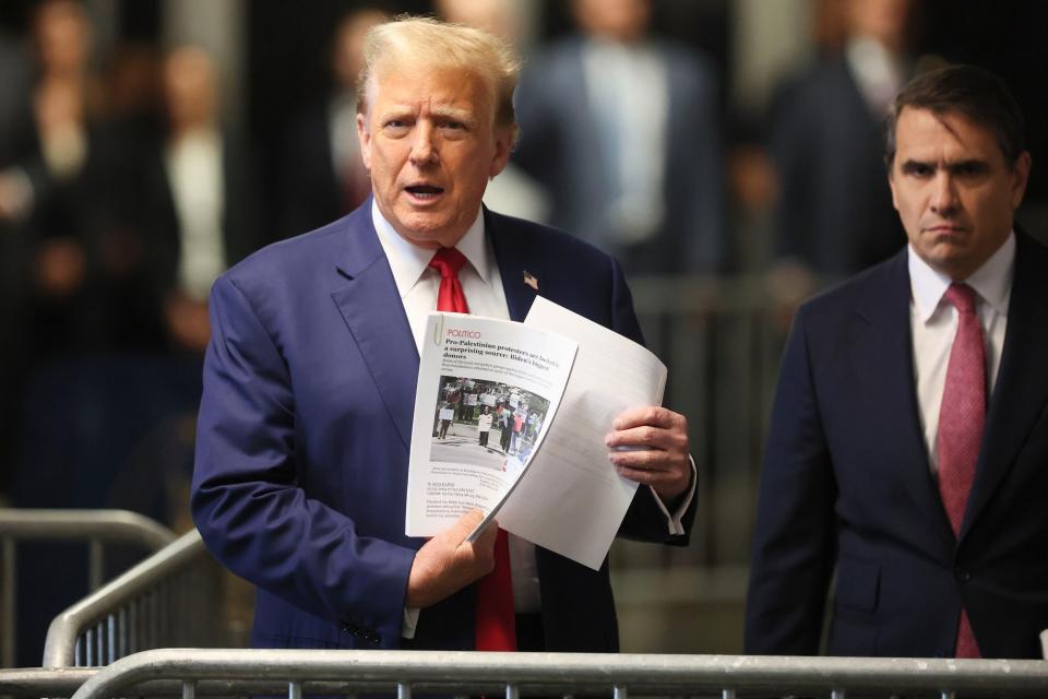 Former President Donald Trump speaks to reporters at Manhattan criminal court, Monday, May 6, 2024 in New York. (Brendan McDermid/Pool Photo via AP)