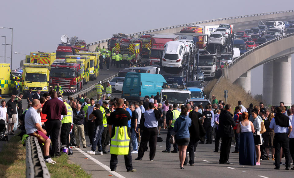 A general view of the scene on the London bound carriageway of the Sheppey Bridge Crossing near Sheerness in Kent following a multi vehicle collision earlier this morning.