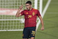 Spain's Ferran Torres celebrates after scoring his team's fourth goal during the UEFA Nations League soccer match between Spain and Ukraine at the Estadio Alfredo Di Stefano stadium in Madrid, Spain, Sunday, Sept. 6, 2020. (AP Photo/Bernat Armangue)