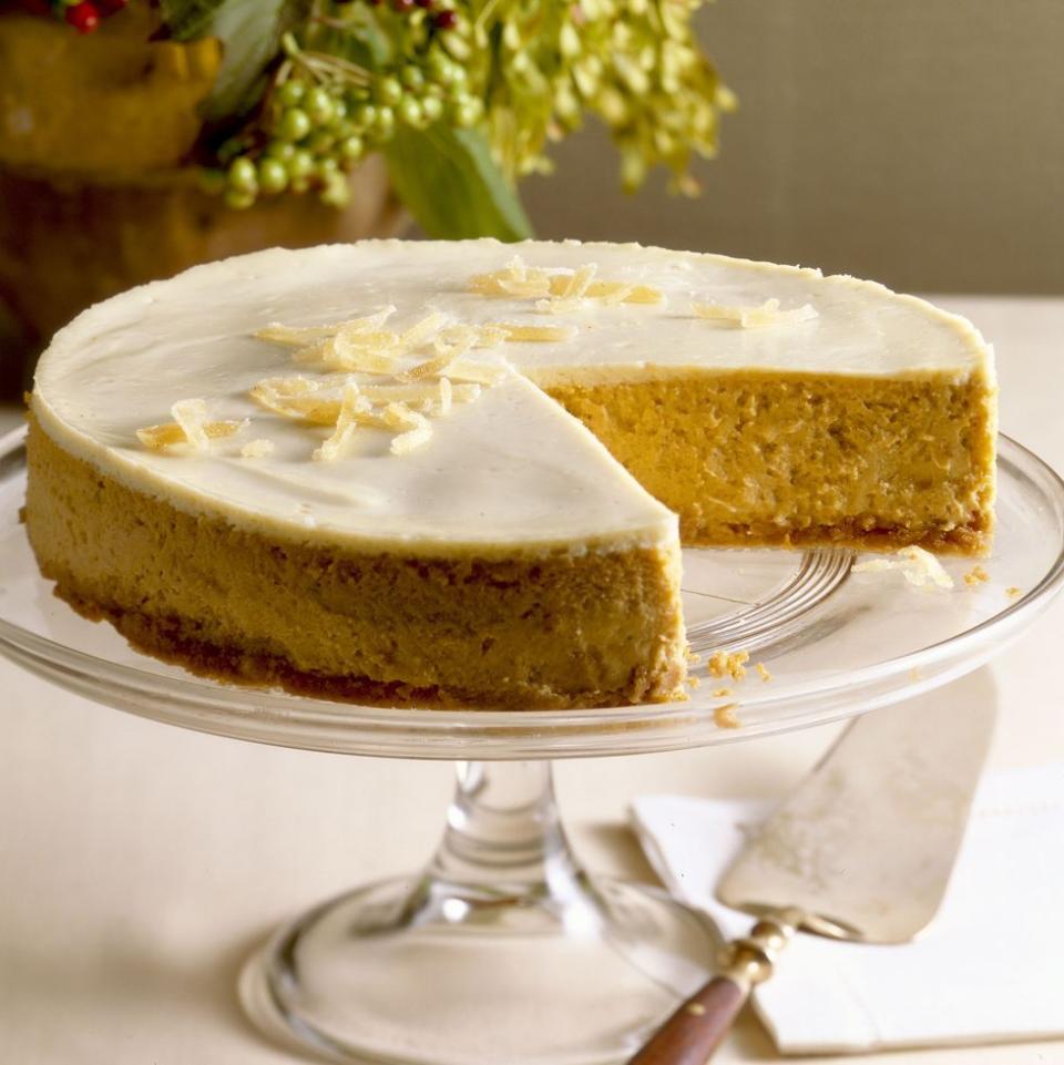 <p>It's our favorite for a reason: The ultra-creamy texture comes from a dollop of sour cream both in the batter and in the topping!</p><p><em><a href="https://www.goodhousekeeping.com/food-recipes/a4817/pumpkin-cheesecake-709/" rel="nofollow noopener" target="_blank" data-ylk="slk:Get the recipe for Pumpkin Cheesecake »;elm:context_link;itc:0;sec:content-canvas" class="link ">Get the recipe for Pumpkin Cheesecake »</a></em></p><p><strong>RELATED: </strong><a href="https://www.goodhousekeeping.com/food-recipes/dessert/g4454/pumpkin-cheesecake-recipes/" rel="nofollow noopener" target="_blank" data-ylk="slk:22 Easy Pumpkin Cheesecake Recipes to Make This Fall;elm:context_link;itc:0;sec:content-canvas" class="link ">22 Easy Pumpkin Cheesecake Recipes to Make This Fall</a><br></p>