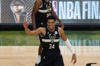 Milwaukee Bucks forward Giannis Antetokounmpo (34) reacts during the second half of Game 6 of basketball's NBA Finals against the Phoenix Suns in Milwaukee, Tuesday, July 20, 2021. (AP Photo/Paul Sancya)