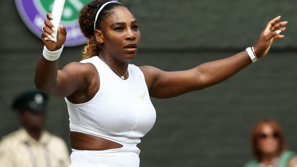 Serena Williams celebrates her win in the Wimbledon semi-finals. (Photo by Rob Newell - CameraSport via Getty Images)