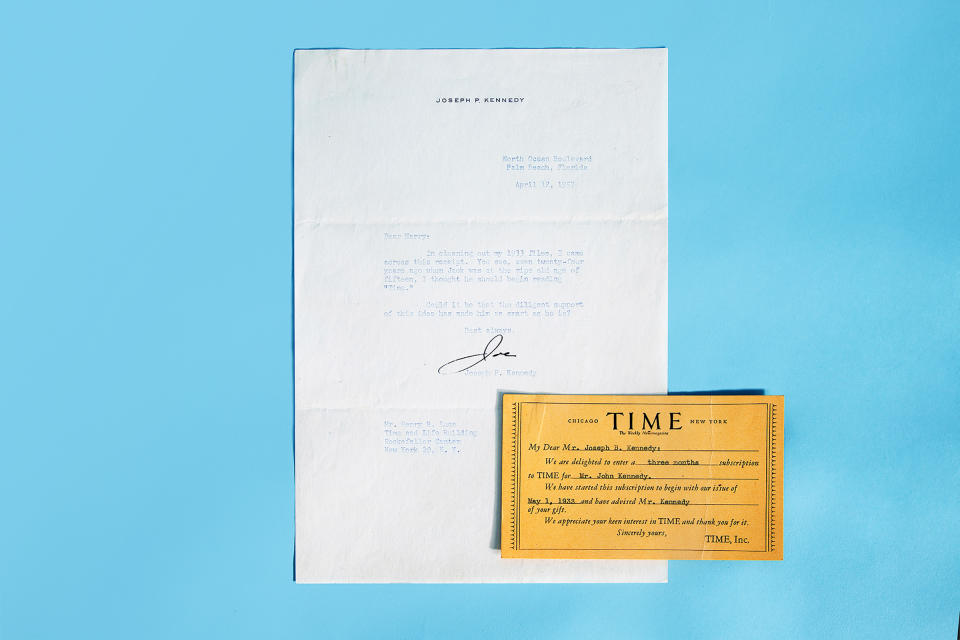 <strong>John F. Kennedy TIME Subscription: </strong>Joe Kennedy, father of President John F. Kennedy, sent a letter to Luce in 1957 with a gift subscription receipt enclosed. Kennedy wrote, “You see, even twenty-four years ago when Jack was at the ripe old age of fifteen, I thought he should begin reading ‘Time.’ Could it be that the diligent support of this idea has made him as smart as he is?”<span class="copyright">Fan Chen for TIME</span>