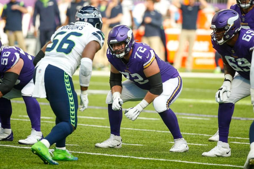 Minnesota Vikings left guard Ezra Cleveland lines up against the Seattle Seahawks in the first half of an NFL football game Sunday in Minneapolis.