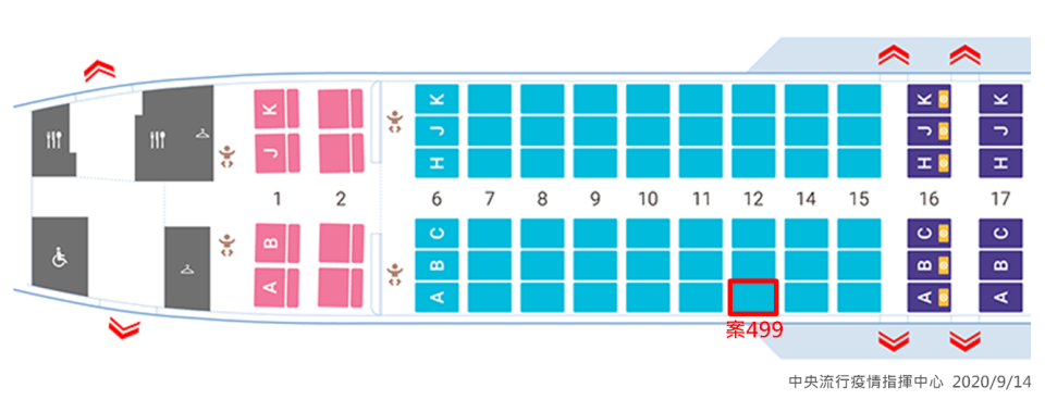 案499班機座位圖。   圖：中央流行疫情指揮中心/提供