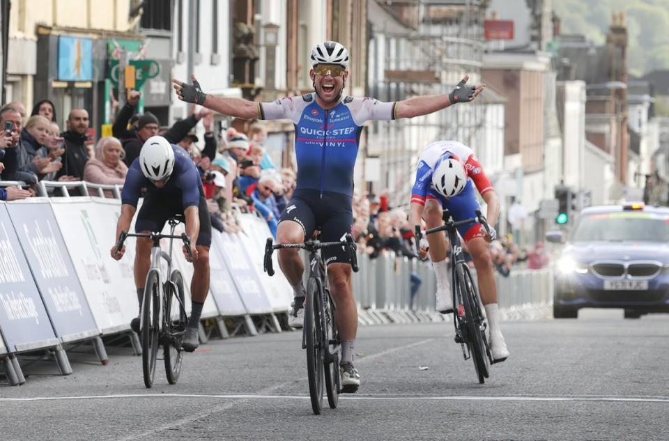 Mark Cavendish, centre, won a three-way sprint for the line to claim a second BritishNational Road Championship title – and first for nine years – in Castle Douglas (Steve Welsh/PA) (PA Wire)