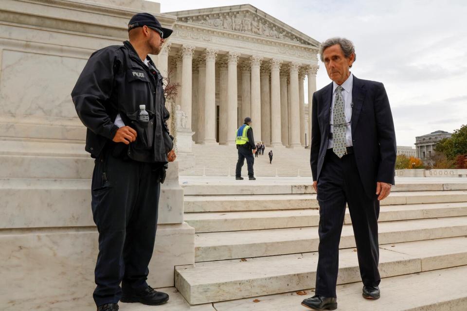 Anti-affirmative action activist Edward Blum departs after the U.S. Supreme Court heard appeals in two cases brought by an organization he founded on the legality of race-conscious admissions policies involving Harvard University and the University of North Carolina, outside the U.S. Supreme Court building in Washington, U.S. October 31, 2022.  REUTERS/Jonathan Ernst