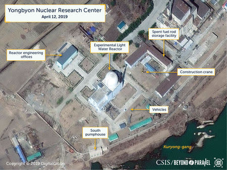 A view of vehicles near what researchers of Beyond Parallel, a CSIS project, describe as being the Experimental Light Water Reactor at the Yongbyon Nuclear Research Center in North Pyongan Province, North Korea, in this commercial satellite image taken April 12, 2019 and released April 16, 2019. CSIS/Beyond Parallel/DigitalGlobe 2019 via REUTERS