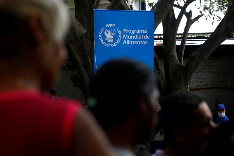 FILE PHOTO: The logo of the World Food Programme is seen at a community kitchen set-up by them and USAID in Cucuta