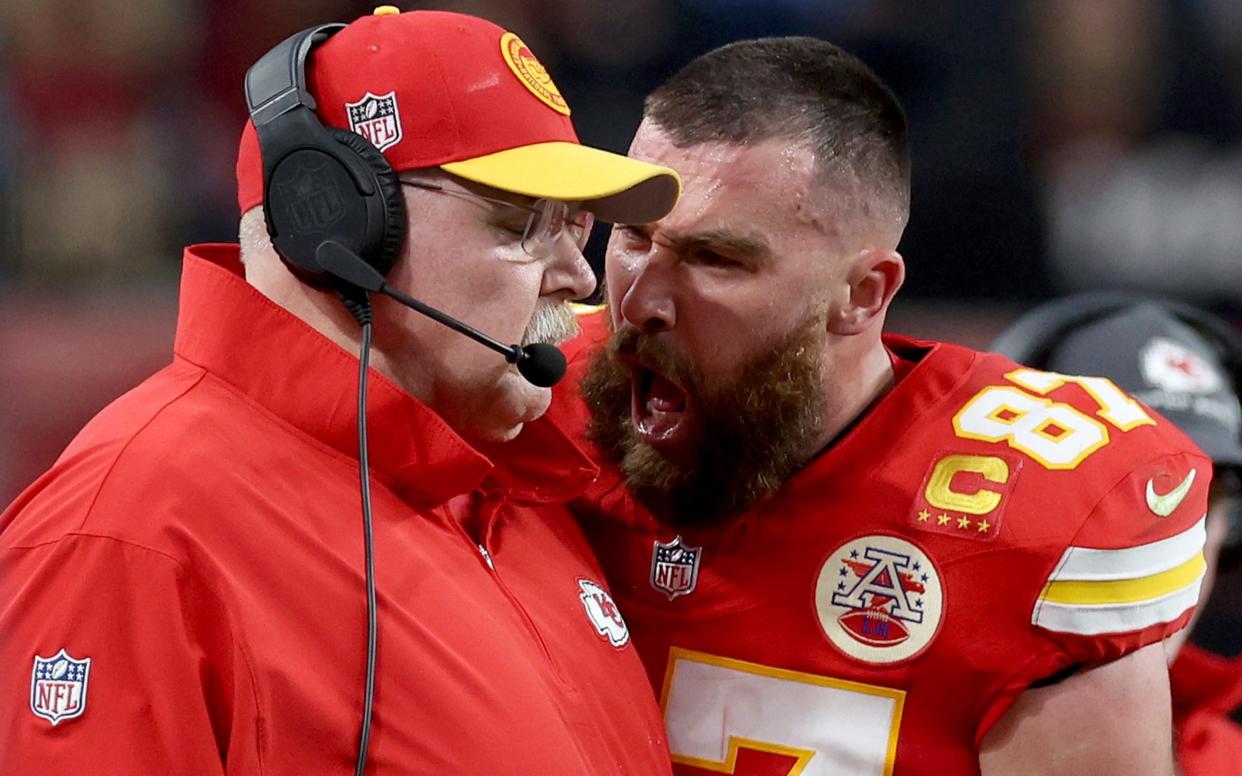 Travis Kelce and Kansas City Chiefs head coach Andy Reid/Taylor Swift’s boyfriend Travis Kelce shoves coach, 65, in Super Bowl meltdown