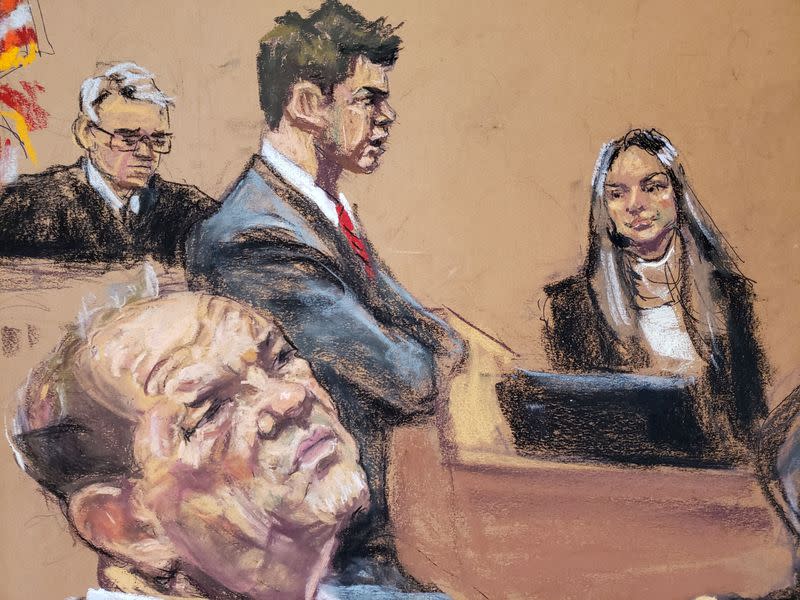 Witness Emanuela Postacchini testifies beside lawyer Damon Cheronis in front of Judge James Burke at film producer Harvey Weinstein's sexual assault trial at New York Criminal Court