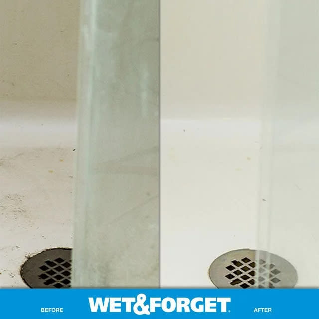 Before and after cleaning comparison of a shower floor and glass using Wet & Forget product