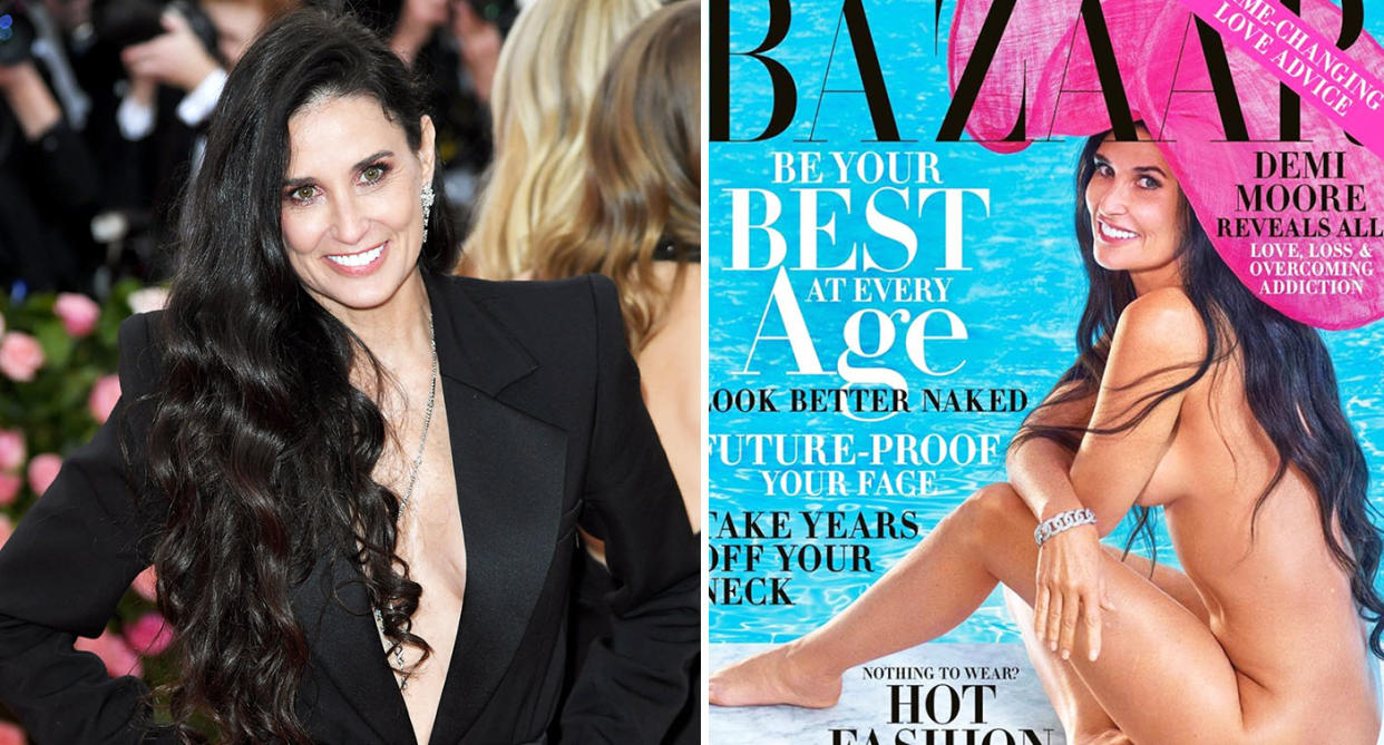 Demi Moore en couverture du numéro d’octobre de Harper's Bazaar US (à droite) et au Met Gala en mai dernier. [Photo: Instagram/Harper's Bazaar]