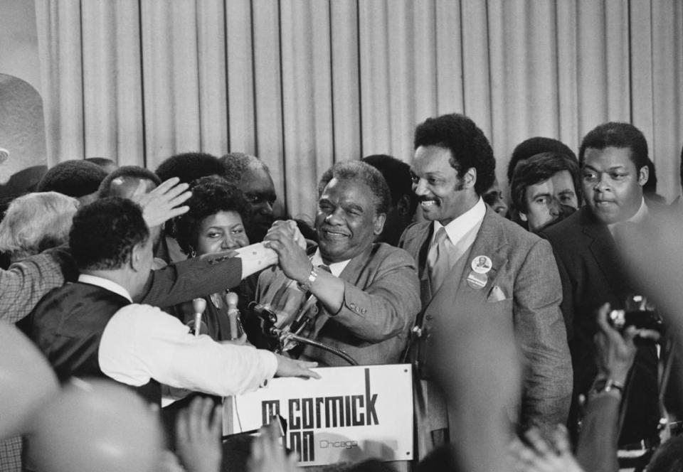 <div class="inline-image__caption"><p>Supporters, including Reverend Jesse Jackson, congratulate Harold Washington after his nomination by the Democratic Party for the office of mayor of Chicago.</p></div> <div class="inline-image__credit">Bettmann/Getty</div>