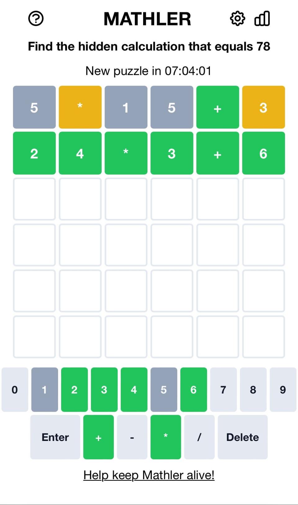 A screenshot of the online math puzzle game Mathler.
