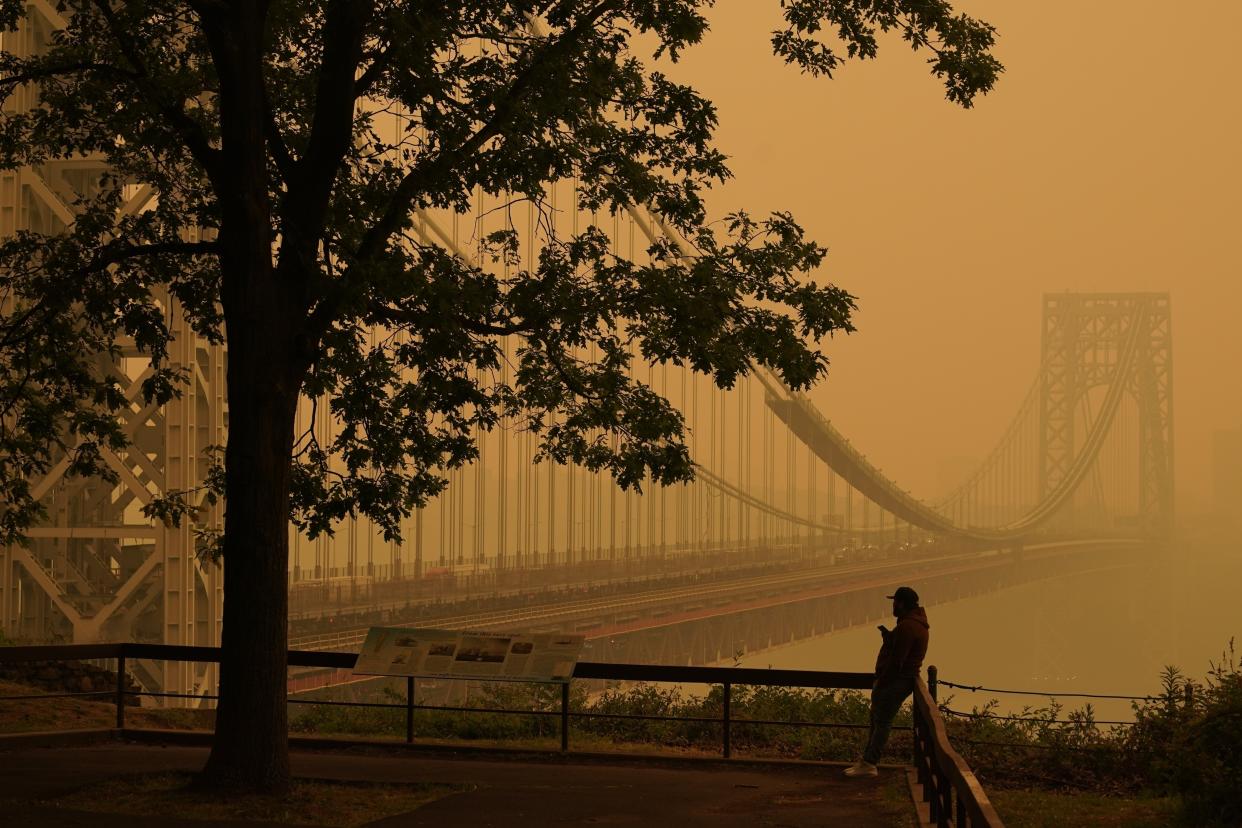 Someone in a baseball hat stands near a bridge amid orange-hued smog.
