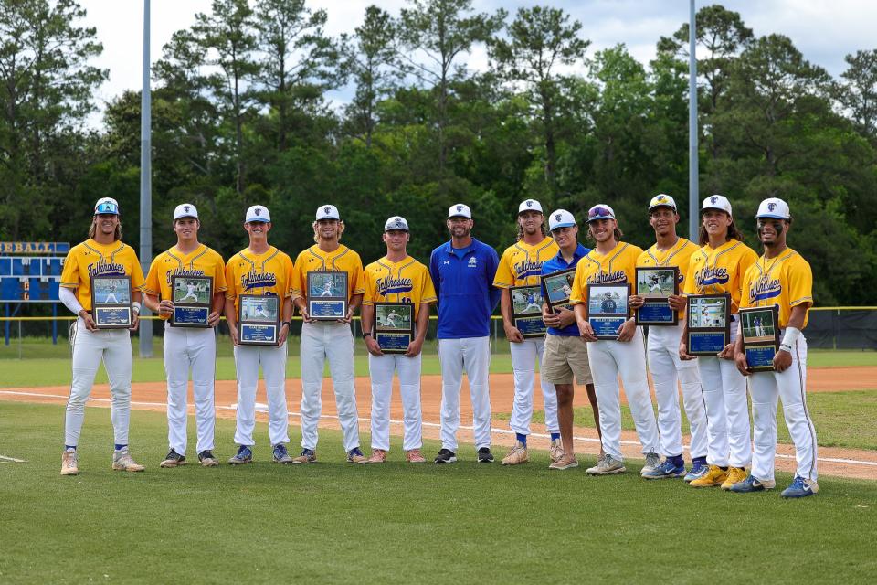 Tallahassee Community College baseball celebrates eleven players at Sophomore Day game against Pensacola State College at Eagle Field in Tallahassee Florida, Wednesday, April 26, 2023