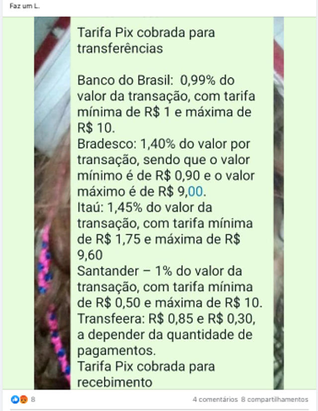 Captura de tela publicação com tarifas de PIX atribuídas a Lula (Foto: Facebook / Reprodução)
