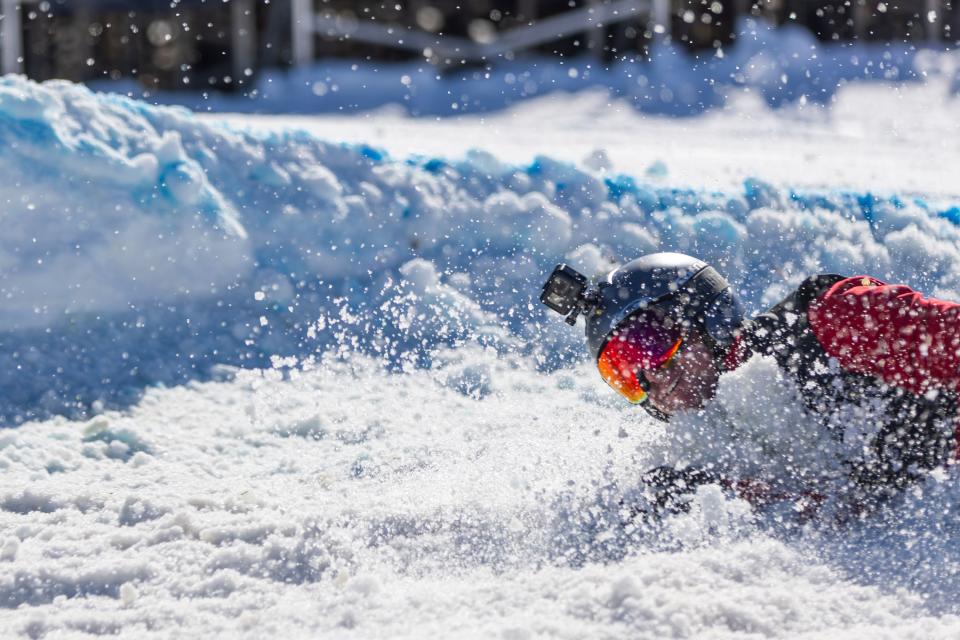 Mike Owens crashes into the snow while being pulled by Bobby Marriott during the 2024 Utah Skijoring competition at the Wasatch County Event Complex in Heber City on Saturday, Feb. 17, 2024. | Marielle Scott, Deseret News