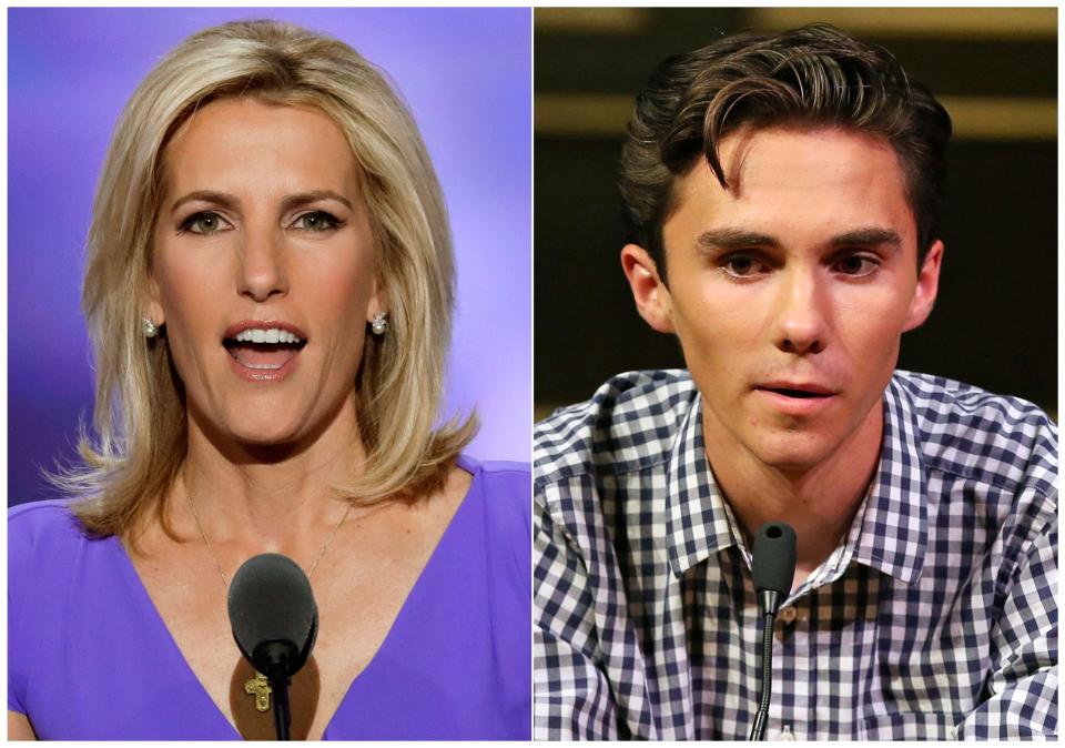 In this combination photo, Fox News personality Laura Ingraham speaks at the Republican National Convention in Cleveland on July 20, 2016, left, and David Hogg, a student survivor from Marjory Stoneman Douglas High School in Parkland, Fla., speaks at a rally for common sense gun legislation in Livingston, N.J. on  Feb. 25, 2018. Some big name advertisers  dropped Ingraham after she publicly criticized Hogg, a student at Marjory Stoneman Douglas school on social media.   ORG XMIT: NYET415