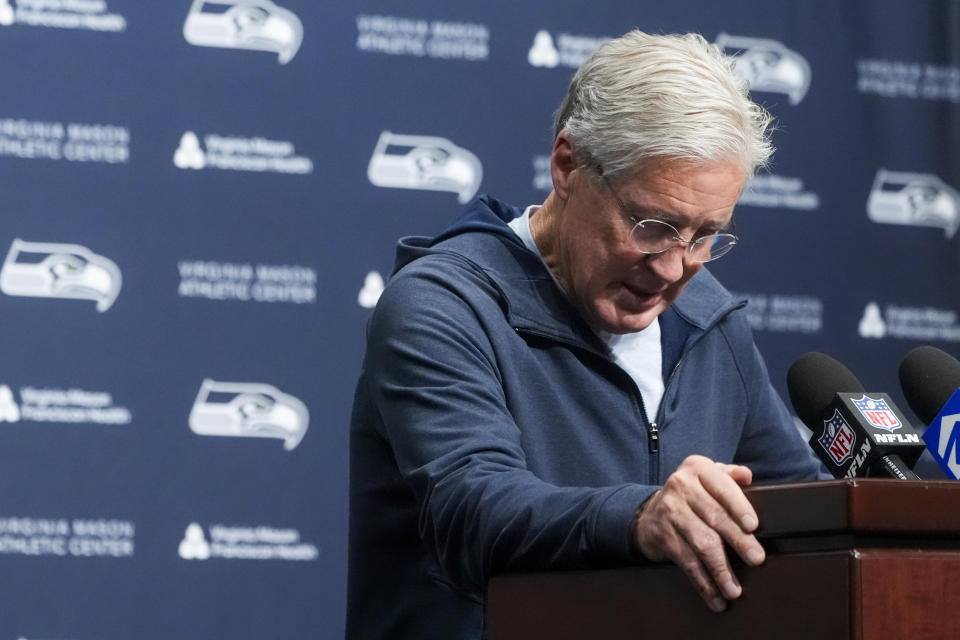 Former Seattle Seahawks head coach Pete Carroll becomes emotional during a media availability after it was announced he will not return as head coach next season, Wednesday, Jan. 10, 2024, at the NFL football team's headquarters in Renton, Wash. Carroll will remain with the organization as an advisor, according to a statement from owner Jody Allen. (AP Photo/Lindsey Wasson)
