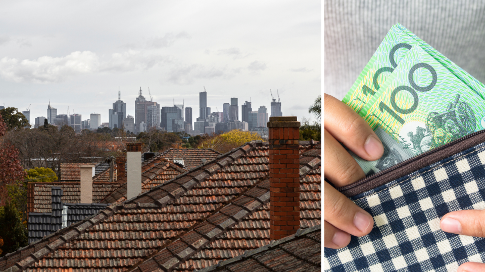 The view of the Melbourne CBD from a suburb overlooking it and a person holding $100 notes.