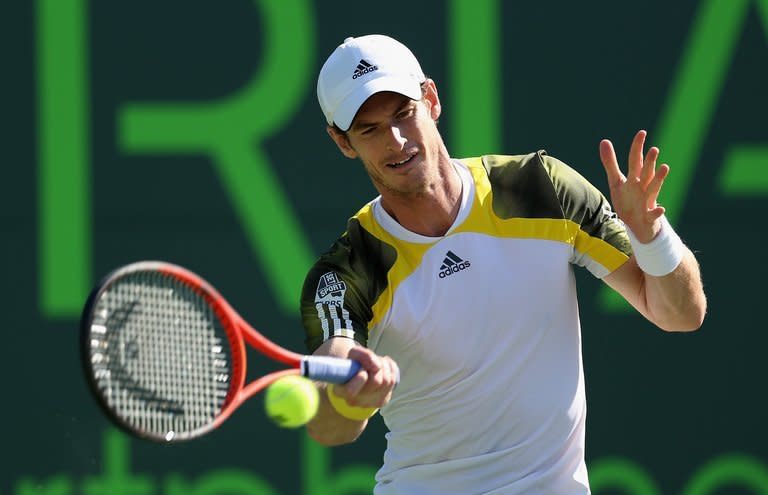 Andy Murray of Great Britain plays a forehand against Marin Cilic of Croatia during their quarter-final match at the Sony Open at Crandon Park Tennis Center in Key Biscayne, Florida, on March 28, 2013. Murray won 6-4, 6-3