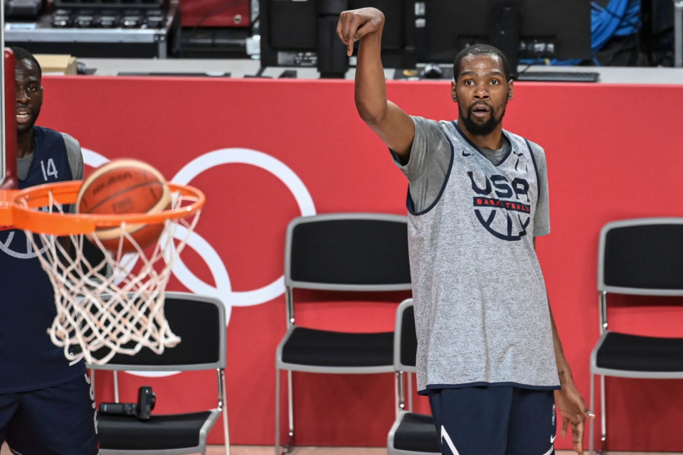 U.S. Olympic basketball player Kevin Durant shoots during practice session on Thursday.