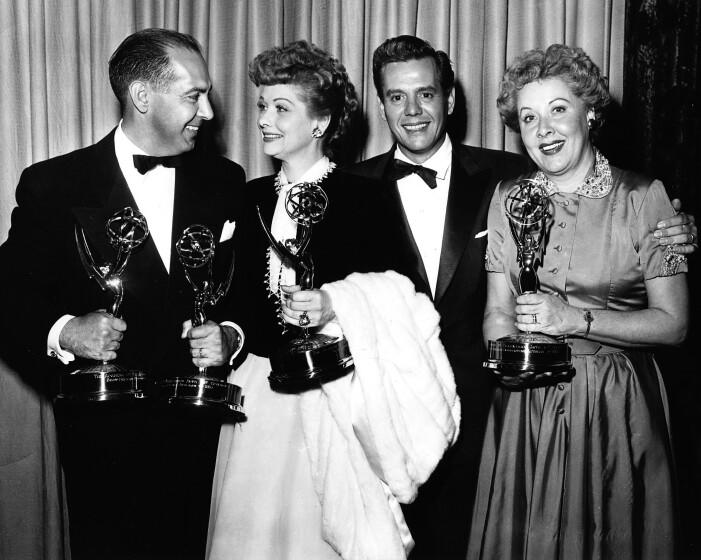 HOLLYWOOD, CA - FEBRUARY 11,1954: (L-R) CBS program chief Harry Ackerman with "I Love Lucy" co-stars Lucille Ball, Desi Arnaz and Vivian Vance pose at the Academy of Television Arts & Sciences 6th Emmy Awards held at the Hollywood Palladium on February 11, 1954 in Hollywood, California. (TVA/PictureGroup) (Photo by TVA/PictureGroup/Invision for the Academy of Television Arts & Sciences/AP Images)