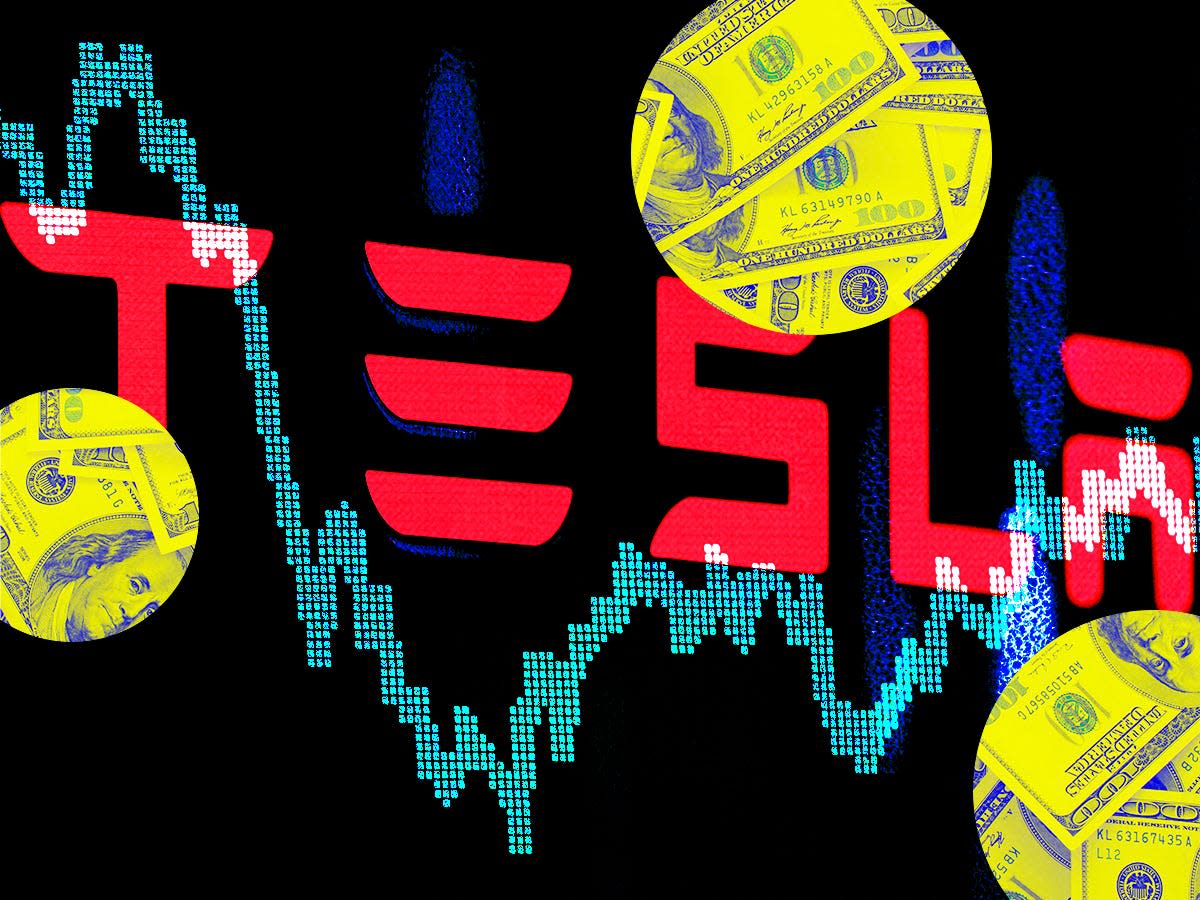 The Tesla logo against a stock chart.