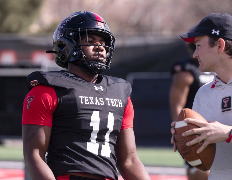 Texas Tech's Charles Esters III pauses during a drill at a spring football practice, Thursday, March 21, 2024, at Sports Performance Center.