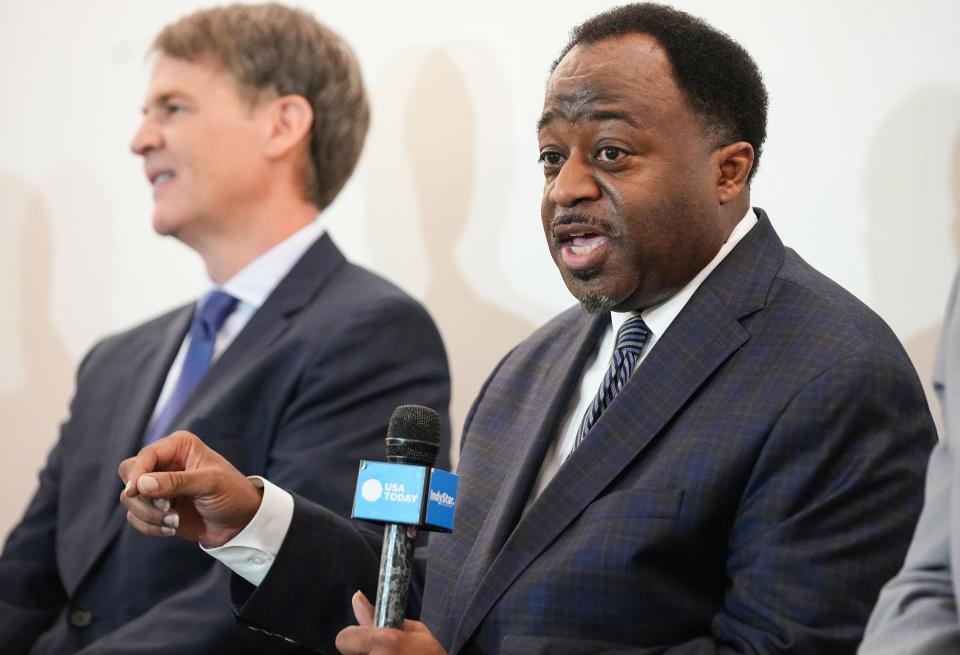 Republican mayoral candidate Abdul-Hakim Shabazz answers questions during a mayoral Republican town hall on Thursday, March 30, 2023 at The Indianapolis Star in Indianapolis.