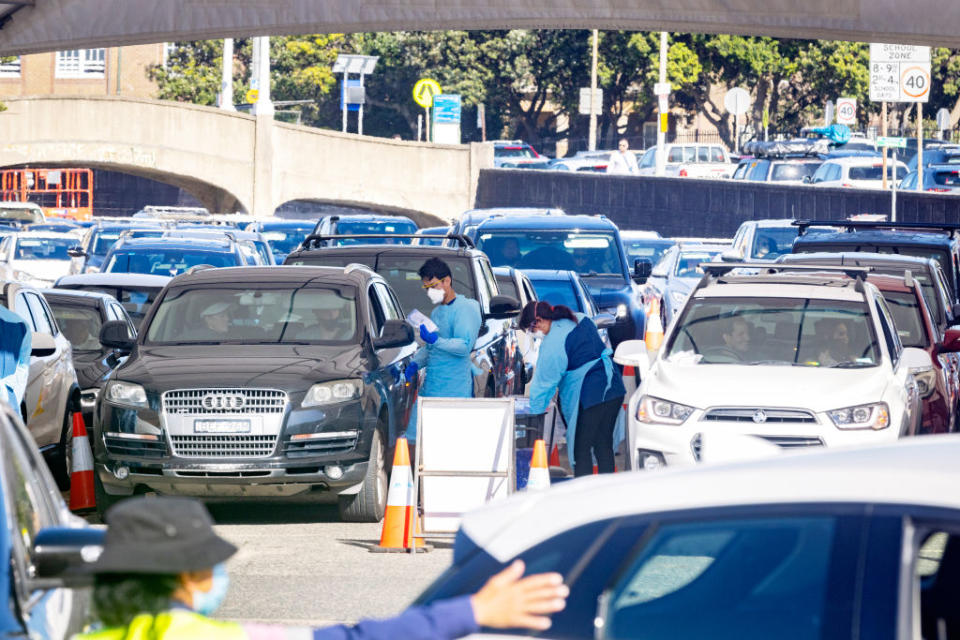 Long lines of cars are seen at the COVID-19 testing clinic at Bondi Beach in Sydney, Australia. 