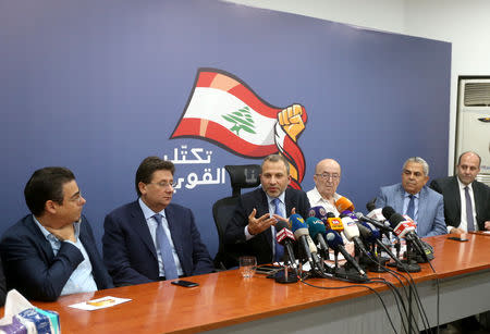 Lebanese Foreign Minister in the caretaker government Gebran Bassil getsures as he talks during a news conference in Beirut, Lebanon October 5, 2018. REUTERS/Mohamed Azakir