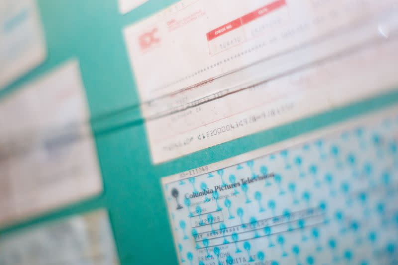 Old residual checks for less than one dollar are framed on a wall inside of the Residuals Taver at Studio City, in Los Angeles