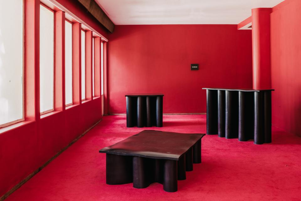 Rubber tables by Brian Thoreen on display at a 2019 installation by MASA.