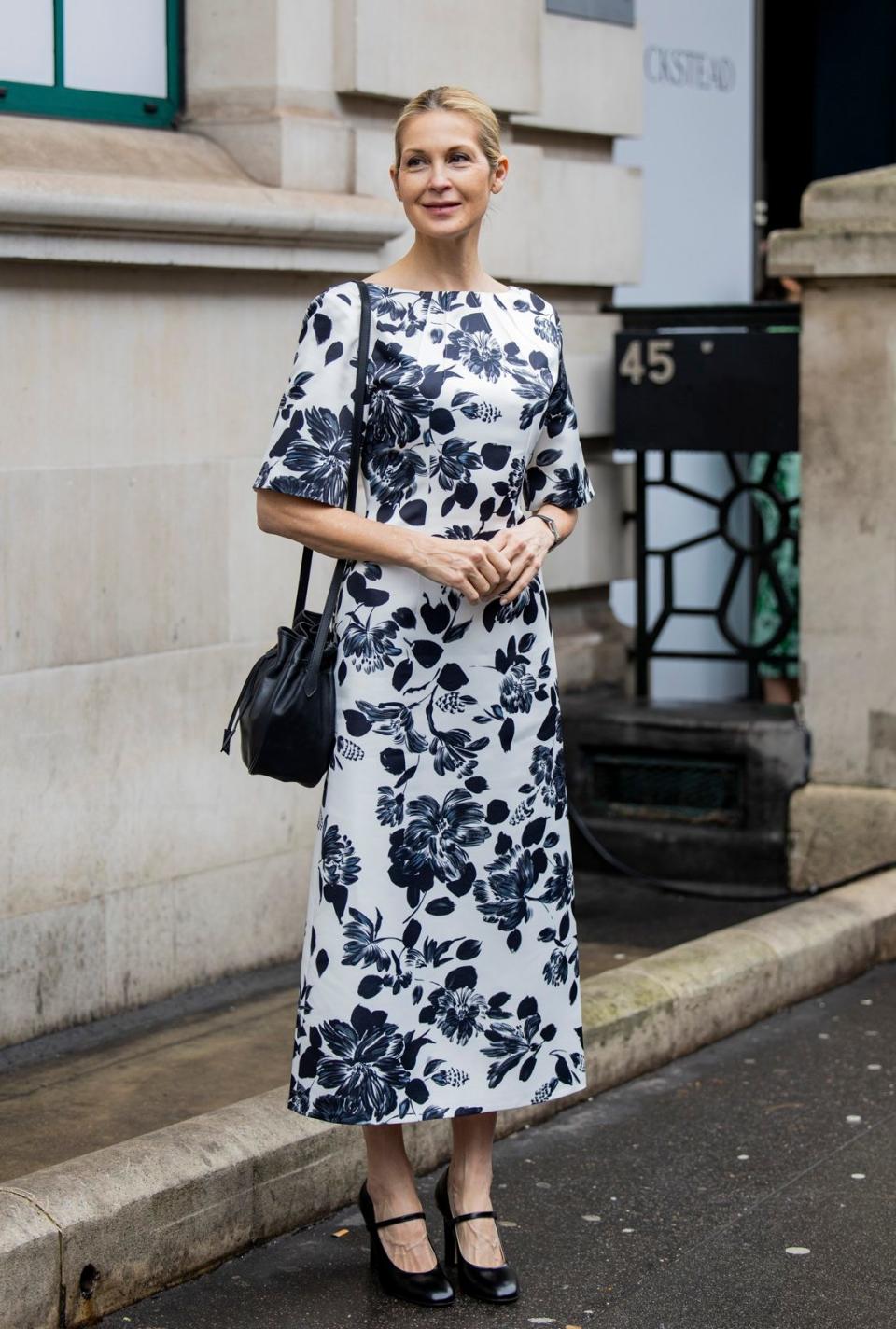 American actress Kelly Rutherford in an Emilia Wickstead dress outside the brand's London Fashion Week show in February 2024