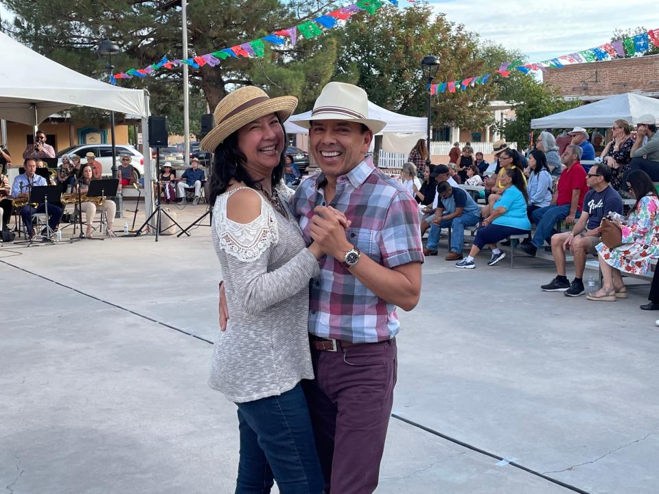 A couple dances in the Mesilla Plaza during the 2022 Jazz Happening by the Mesilla Valley Jazz and Blues Society in October 2022.