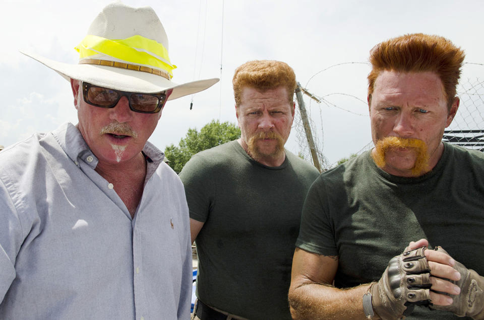 <p>Director Jeff January gives double the notes for the two Abrahams: <i>TWD</i> star Michael Cudlitz and his stunt double, Christopher Parker.<br><br>(Photo: AMC) </p>