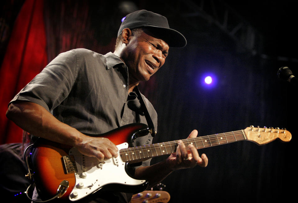 Blues icon Robert Cray performs with his signature Fender Stratocaster at a concert in Anaheim, Calif. on Saturday, Jan. 17, 2009. He says, "I use the Stratocaster because it has the sound I'm looking for and then some. It's surprising what sounds and tones comes out of the Stratocaster. It is such a simply built guitar, it's a workhorse." (AP Photo/Matt York)