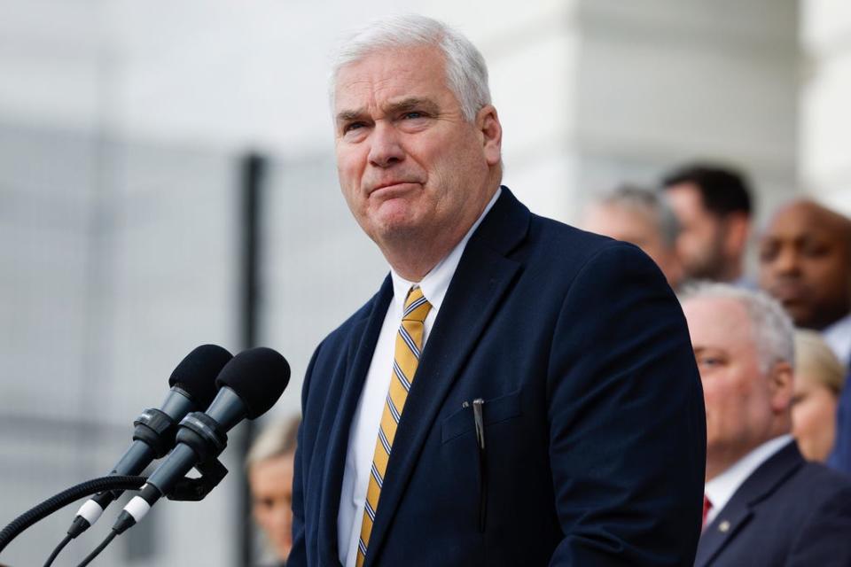House Majority Whip Tom Emmer, R-Minn., speaks at an event celebrating 100 days of House Republican rule at the Capitol Building April 17, 2023 in Washington, DC.