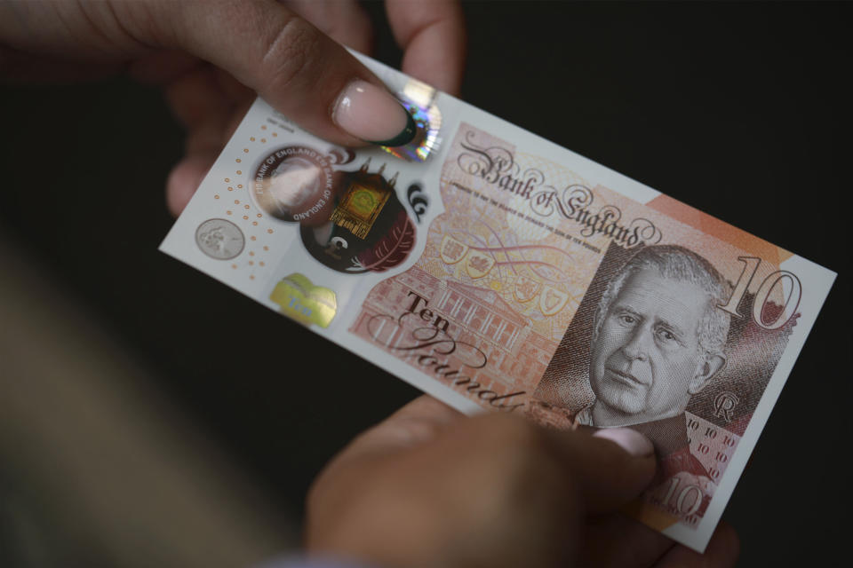 Undated handout photo issued by the Bank of England of the new banknotes carrying a portrait of King Charles III which will be issued for the first time on Wenesday, June 5, 2024. The portrait of the King will appear on existing designs of all four banknotes (£5, £10, £20 and £50), with no other changes to the existing designs. (Bank of England photo via AP)