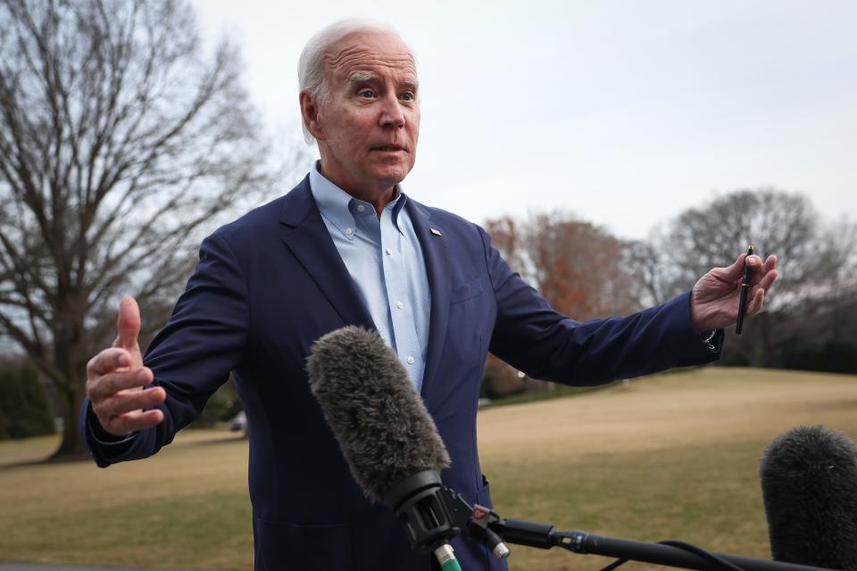 WASHINGTON, DC - President Joe Biden speaks to the media as he returns to the White House Monday.  (Photo by Kevin Dietsch/Getty Images)