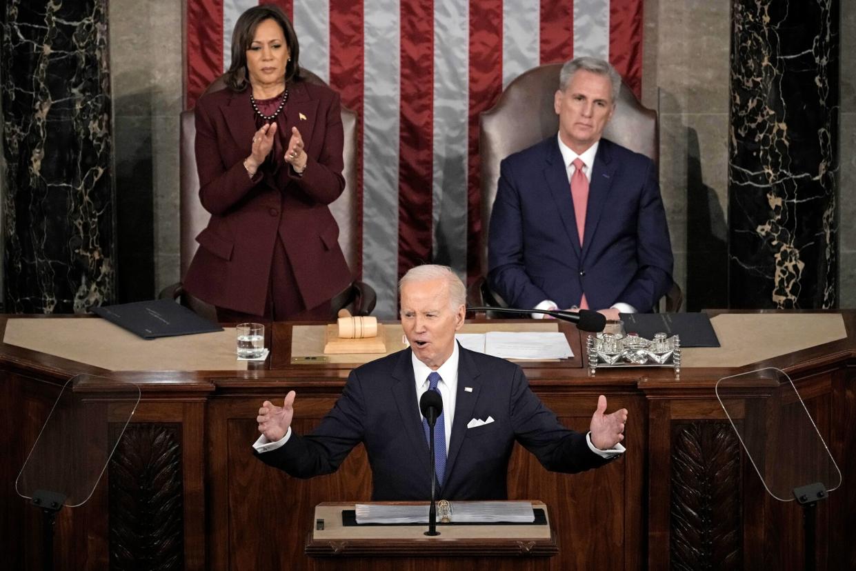 President Joe Biden delivers his State of the Union address during a joint meeting of Congress in the House Chamber of the U.S. Capitol on February 07, 2023 in Washington, DC. The speech marks Biden's first address to the new Republican-controlled House. Seated behind President Biden are Vice President Kamala Harris and Speaker of the House Kevin McCarthy